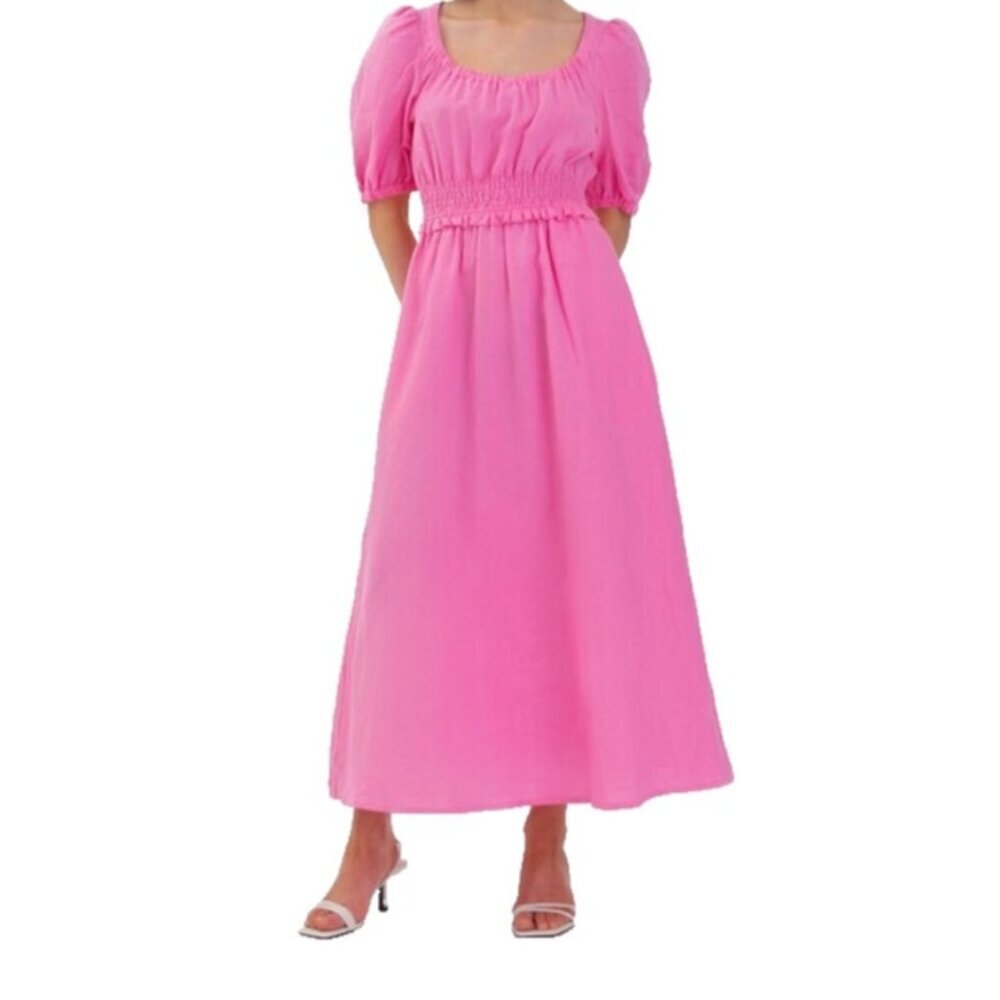 Aligne Women US4 Fuscha Pink Frederika Dress Smocked Puff Sleeve Pckt Linen Maxi